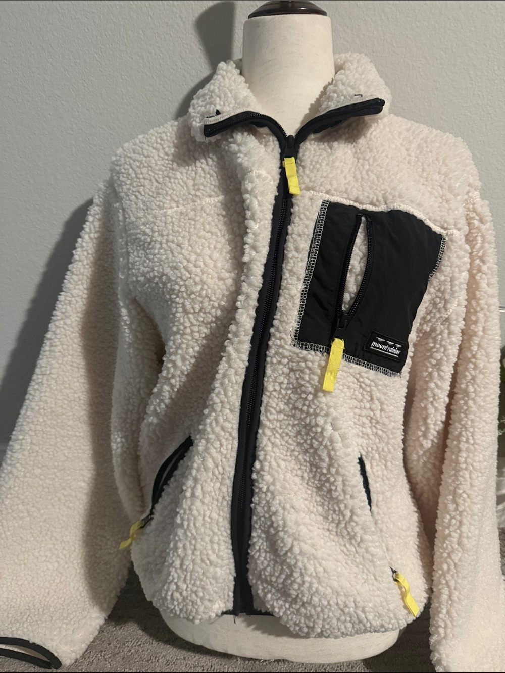 H&M Cream Teddy Jacket with Black Pocket & Yellow Accents